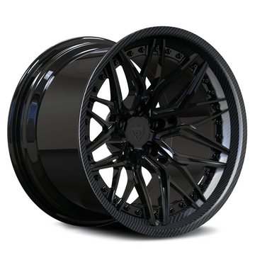 Custom forged concave carbon fiber wheel design, showcasing a sleek black finish and intricate detailing for style and performance.